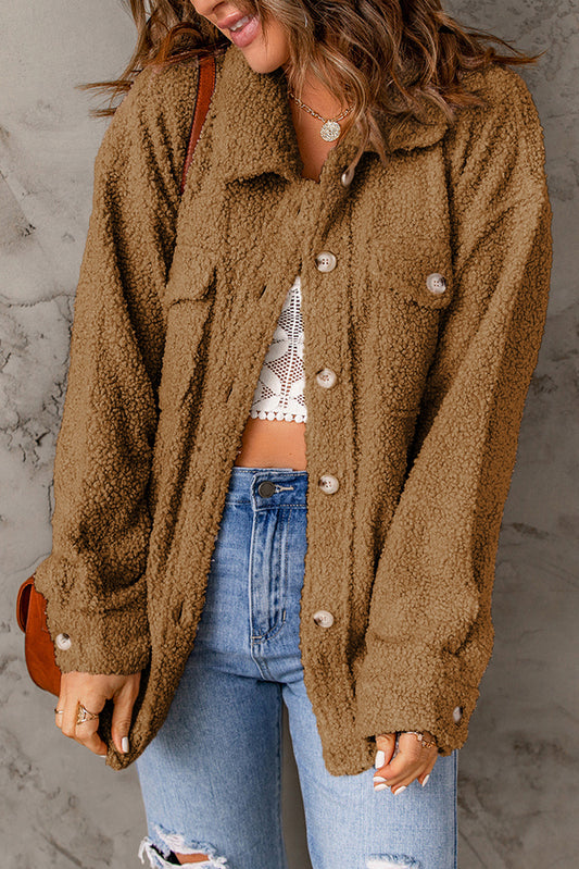 Fuzzy Button Up Pocketed Jacket