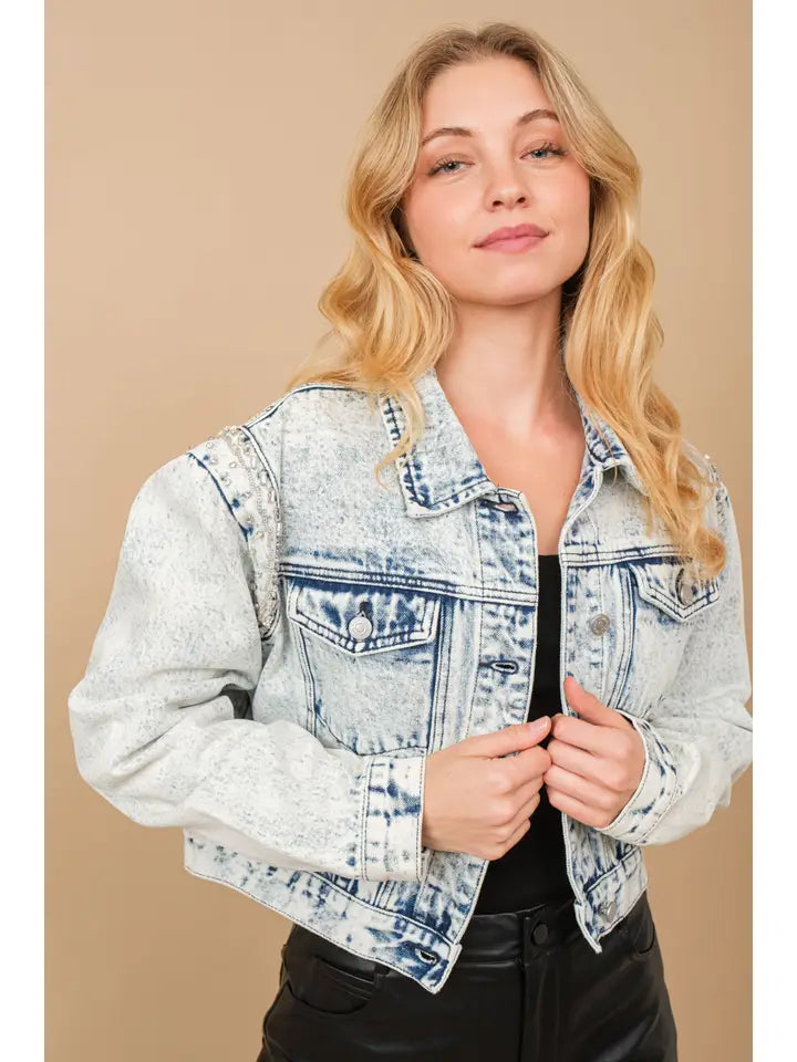 Acid Washed Shoulder Beading Denim Jacket