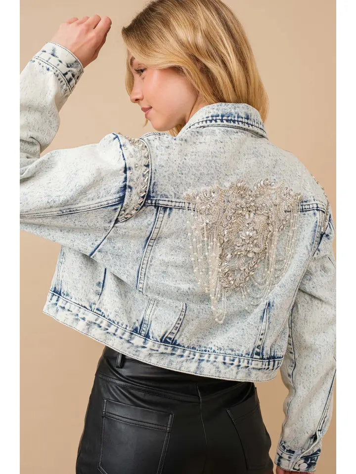 Acid Washed Shoulder Beading Denim Jacket