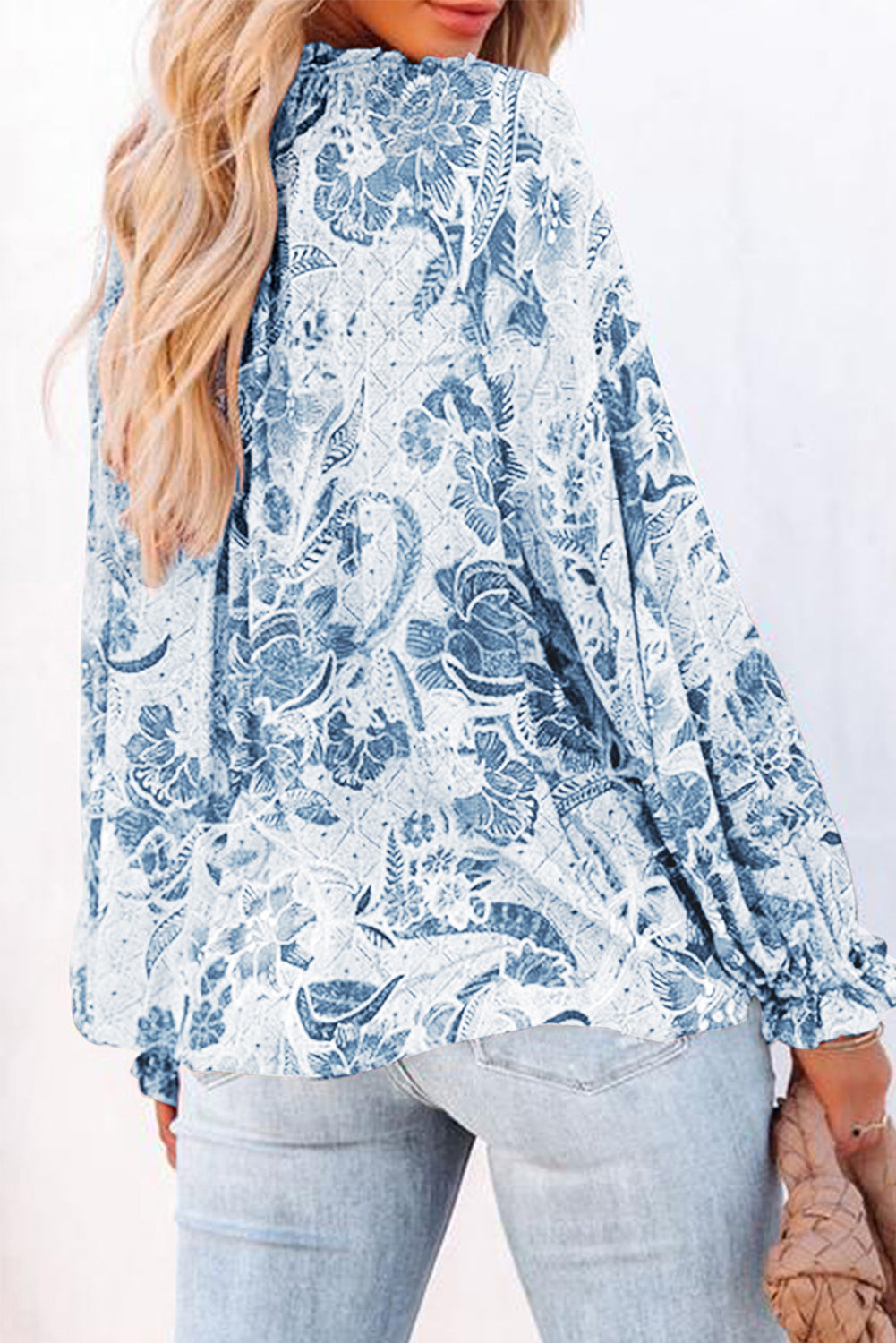 Floral Tie Neck Flounce Sleeve Blouse