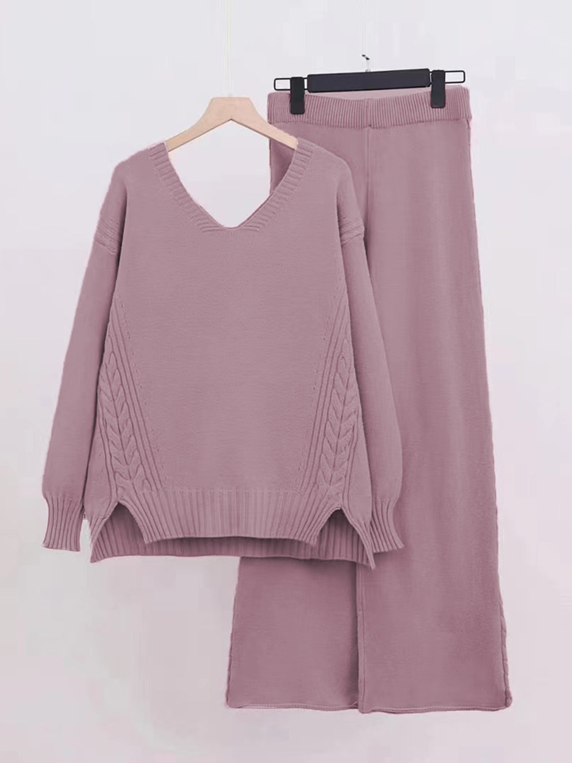 Slit V-Neck Long Sleeve Top and Pants Sweater Set