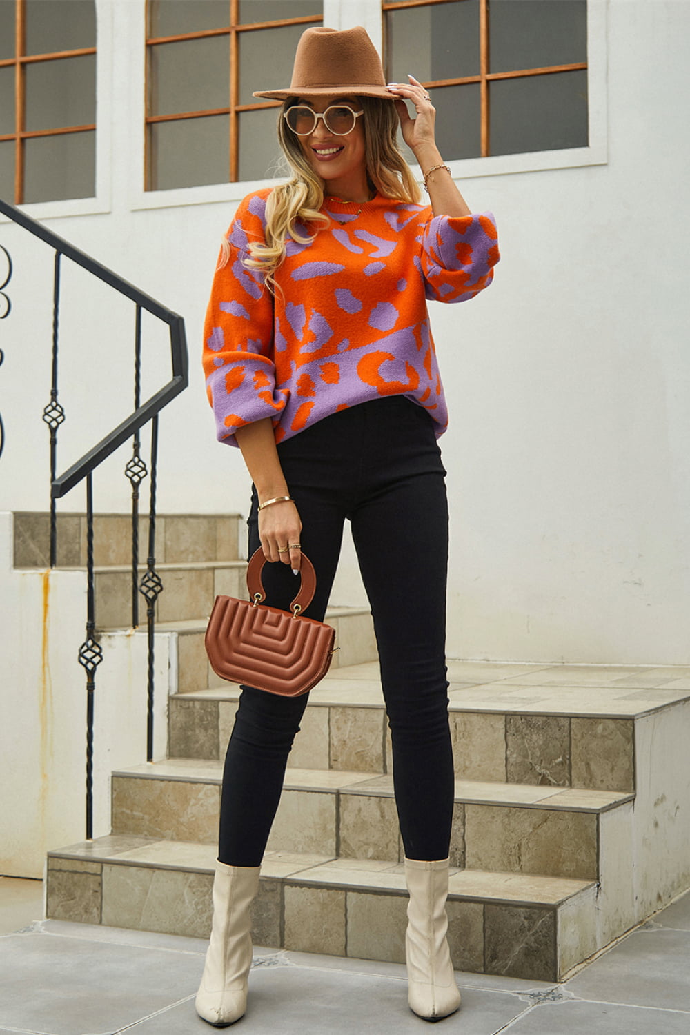 Woven Right Leopard Round Neck Dropped Shoulder Sweater