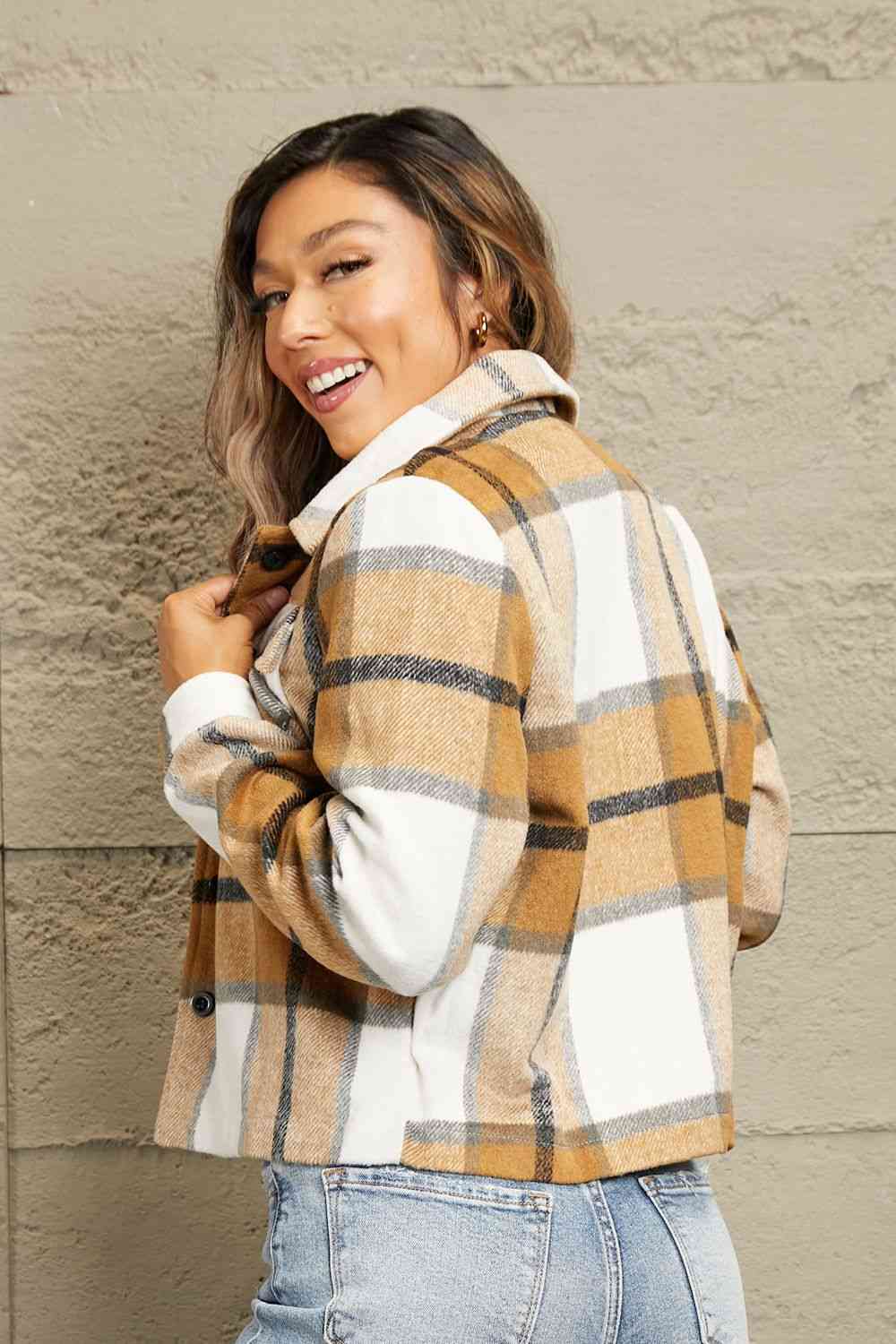 Double Take Plaid Collared Neck Jacket with Breast Pockets