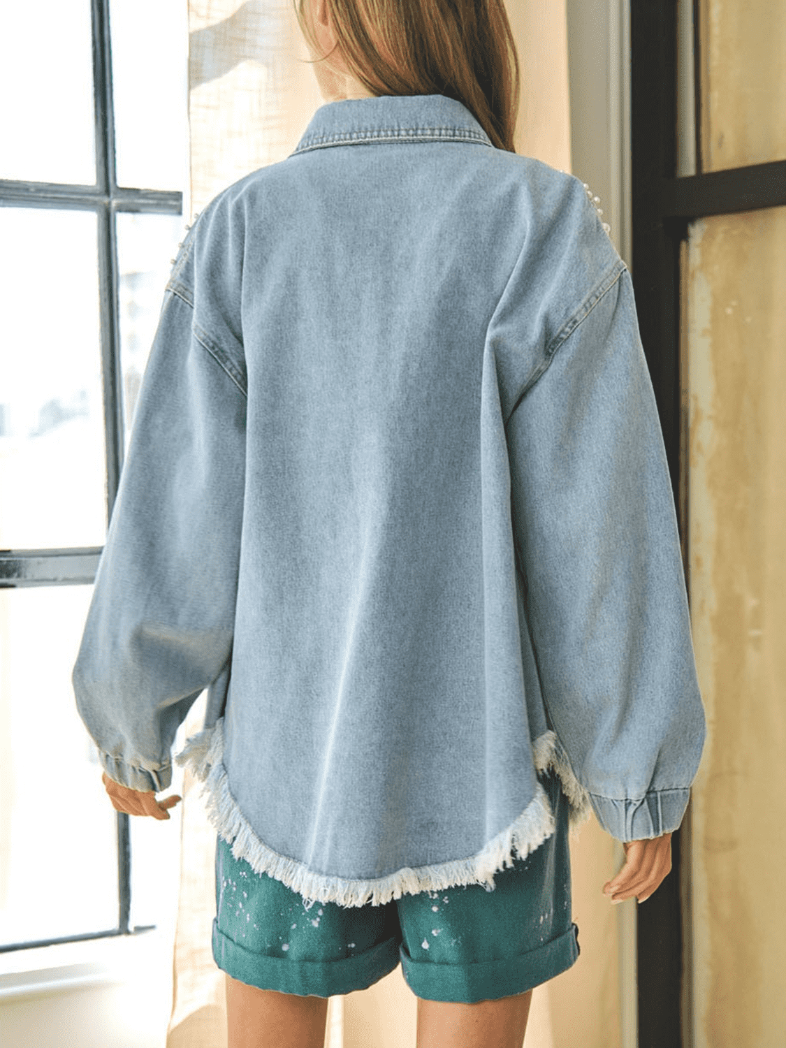 Collared Neck Raw Hem Dropped Shoulder Denim Jacket